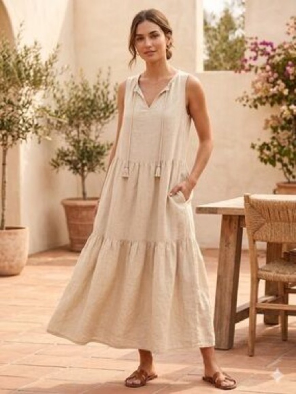 J McLaughlin Tiered Linen Cotton Maxi Dress Womens Size Small Beige Flowy